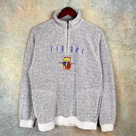 VTG 90s Disney Tigger Q Zip Sweater Sz S Gray Knit Pullover Embroidered Cartoon - Picture 1 of 9